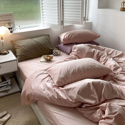 Solid Baby Pink velvet bedding set with soft plush texture and minimalist cozy bedroom scene - RoomDen