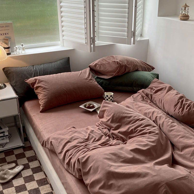 Solid Terracotta velvet bedding set with soft plush texture and minimalist cozy bedroom scene - RoomDen