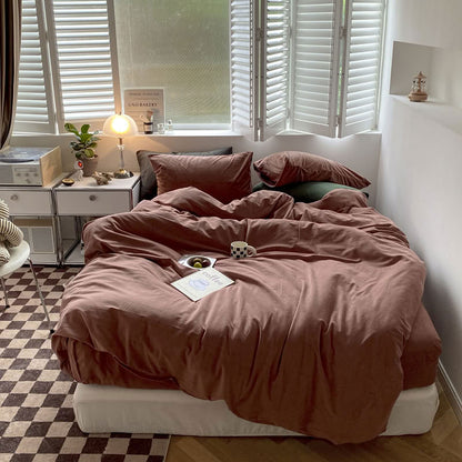 Solid Terracotta velvet bedding set with soft plush texture and minimalist cozy bedroom scene - RoomDen