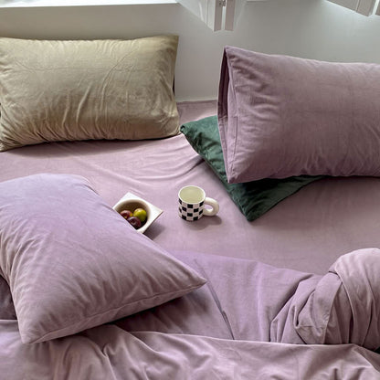 Solid Lavender velvet bedding set with soft plush texture and minimalist cozy bedroom scene - RoomDen