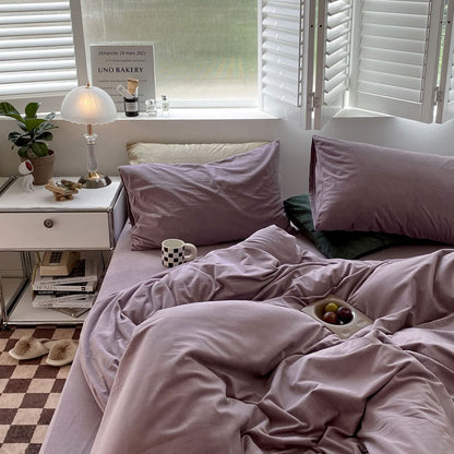 Solid Lavender velvet bedding set with soft plush texture and minimalist cozy bedroom scene - RoomDen