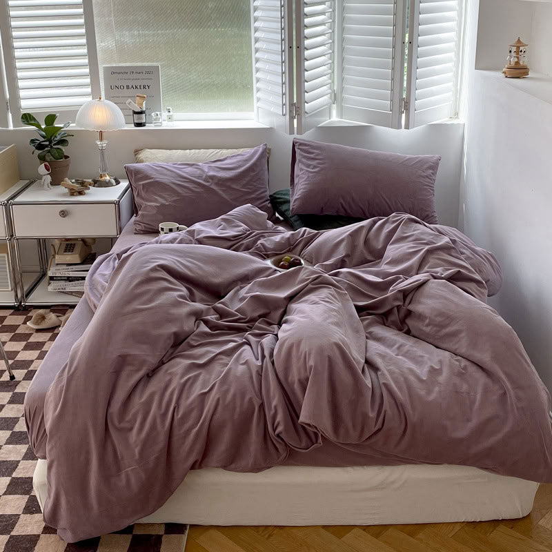 Solid Lavender velvet bedding set with soft plush texture and minimalist cozy bedroom scene - RoomDen