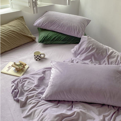 Solid Light Purple velvet bedding set with soft plush texture and minimalist cozy bedroom scene - RoomDen