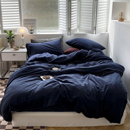 Solid Navy Blue velvet bedding set with soft plush texture and minimalist cozy bedroom scene - RoomDen
