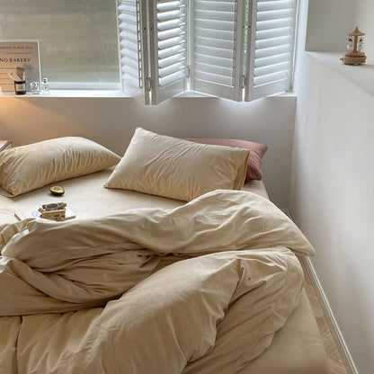 Solid Light Beige velvet bedding set with soft plush texture and minimalist cozy bedroom scene - RoomDen