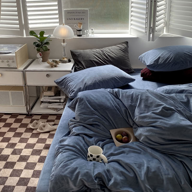 Solid Steel Blue velvet bedding set with soft plush texture and minimalist cozy bedroom scene - RoomDen