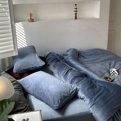 Solid Steel Blue velvet bedding set with soft plush texture and minimalist cozy bedroom scene - RoomDen