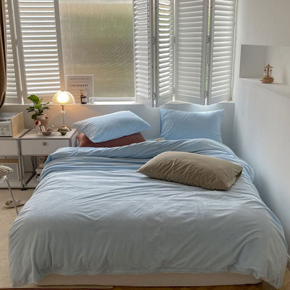 Solid Sky Blue velvet bedding set with soft plush texture and minimalist cozy bedroom scene - RoomDen