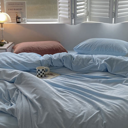 Solid Sky Blue velvet bedding set with soft plush texture and minimalist cozy bedroom scene - RoomDen