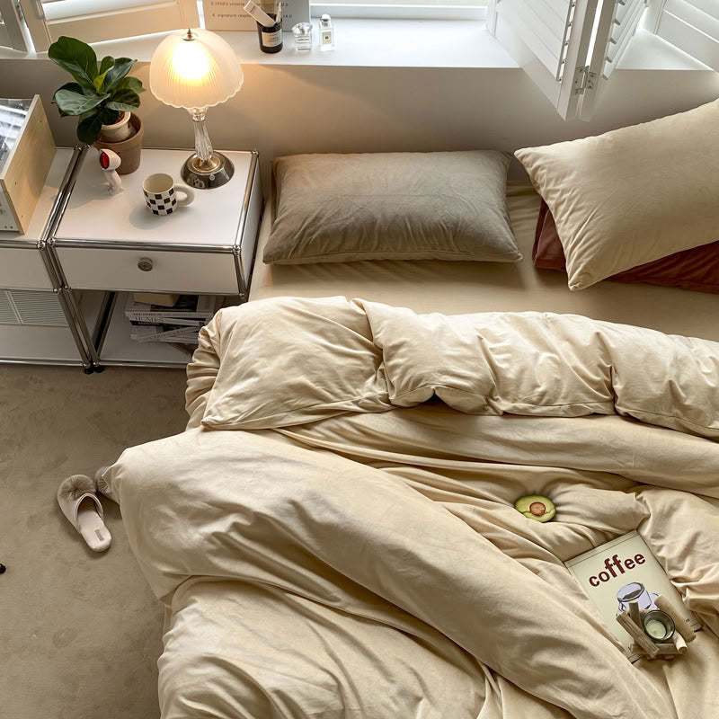 Solid Light Beige velvet bedding set with soft plush texture and minimalist cozy bedroom scene - RoomDen