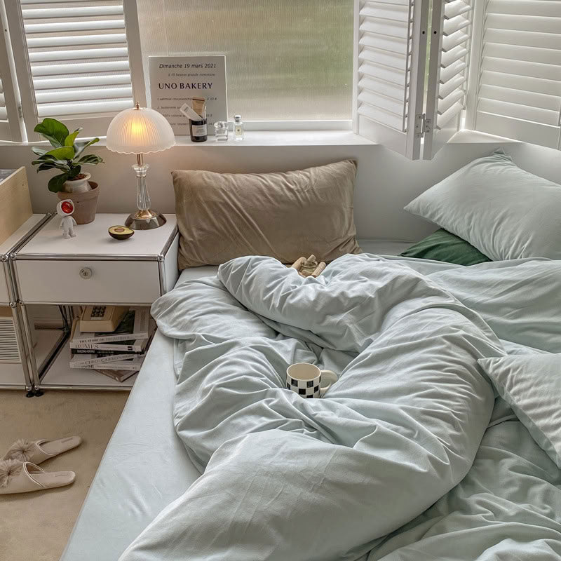 Solid Light Blue velvet bedding set with soft plush texture and minimalist cozy bedroom scene - RoomDen