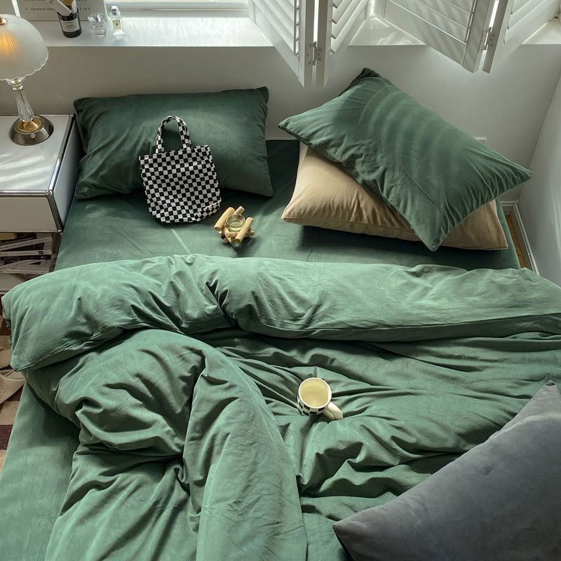 Solid Pistachio Green velvet bedding set with soft plush texture and minimalist cozy bedroom scene - RoomDen