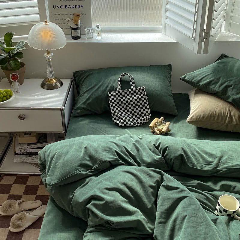 Solid Pistachio Green velvet bedding set with soft plush texture and minimalist cozy bedroom scene - RoomDen
