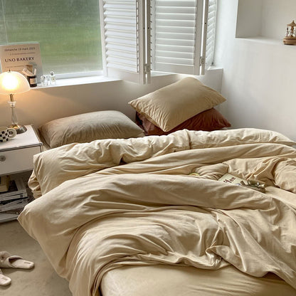Solid Light Beige velvet bedding set with soft plush texture and minimalist cozy bedroom scene - RoomDen