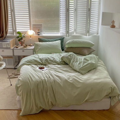 Solid Mint Green velvet bedding set with soft plush texture and minimalist cozy bedroom scene - RoomDen