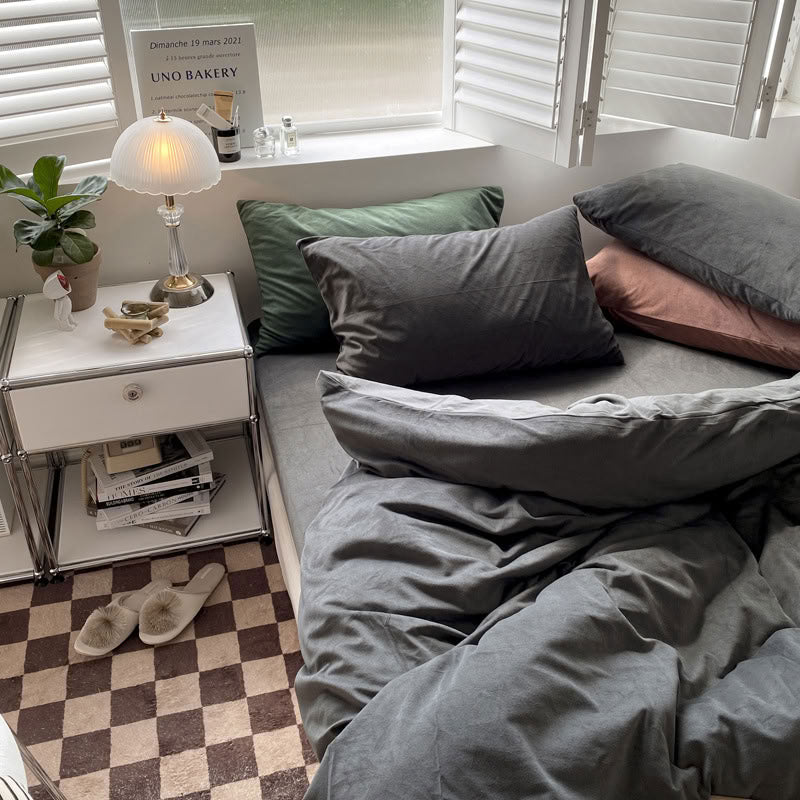 Solid Ash Grey velvet bedding set with soft plush texture and minimalist cozy bedroom scene - RoomDen