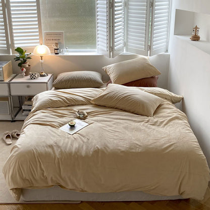Solid Light Beige velvet bedding set with soft plush texture and minimalist cozy bedroom scene - RoomDen