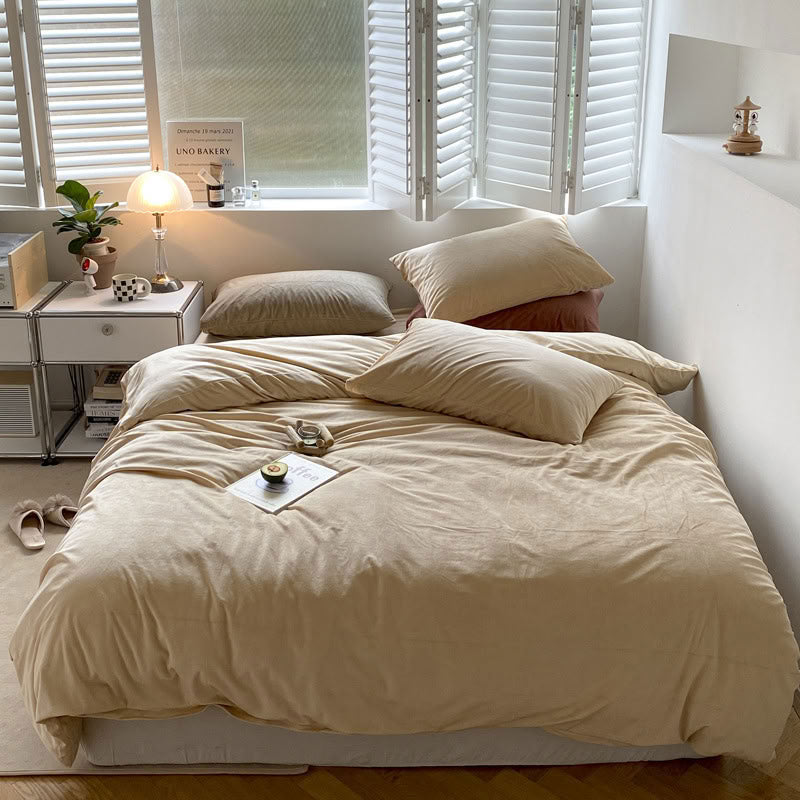 Solid Light Beige velvet bedding set with soft plush texture and minimalist cozy bedroom scene - RoomDen