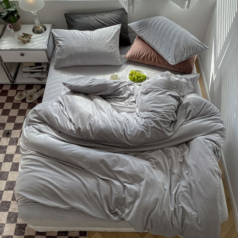 Solid Ivory Grey velvet bedding set with soft plush texture and minimalist cozy bedroom scene - RoomDen