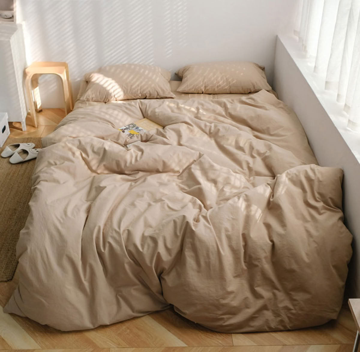 Calm Khaki Beige washed cotton bedding set creating a soothing earthy bedroom look - RoomDen  