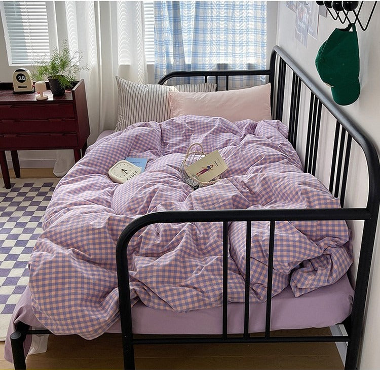 Astrid Gingham Washed Cotton Bedding Set - Lilac Mist