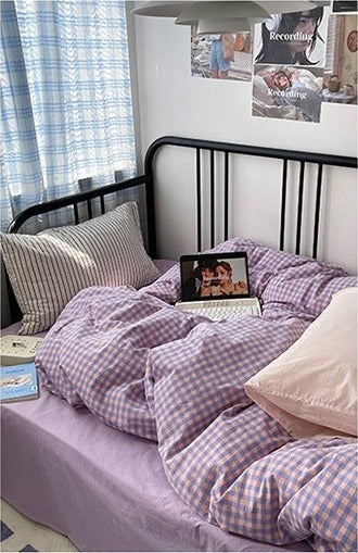 Astrid Gingham Washed Cotton Bedding Set - Lilac Mist