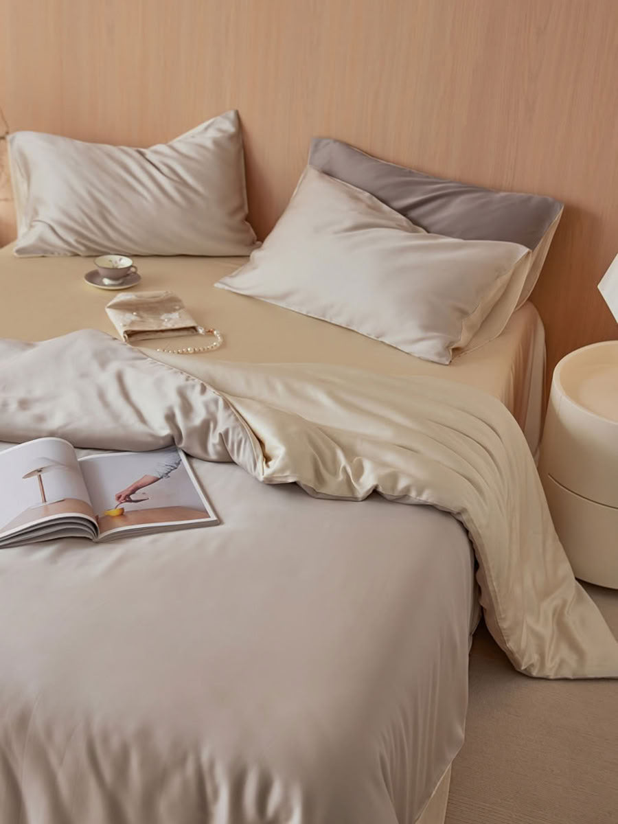 Champagne beige Cooling Tencel bedding set styled in minimalist bedroom with warm wood wall – RoomDen