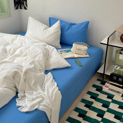 White and blue two-tone solid cotton bedding set with soft washed finish – RoomDen