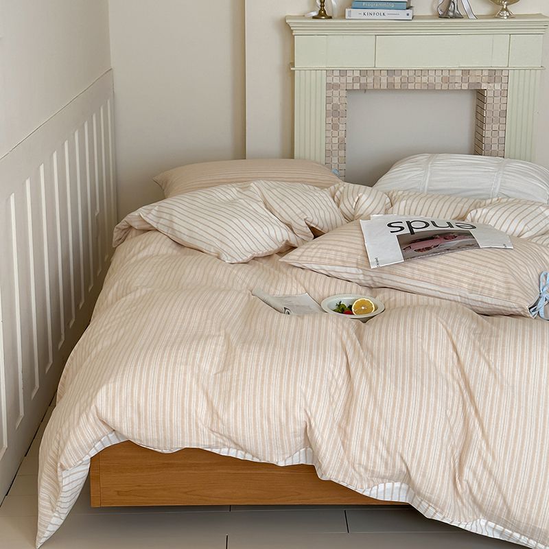 Washed Cotton Bow-Tie Pinstripe Bedding Set - Cream