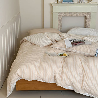 Washed Cotton Bow-Tie Pinstripe Bedding Set - Cream