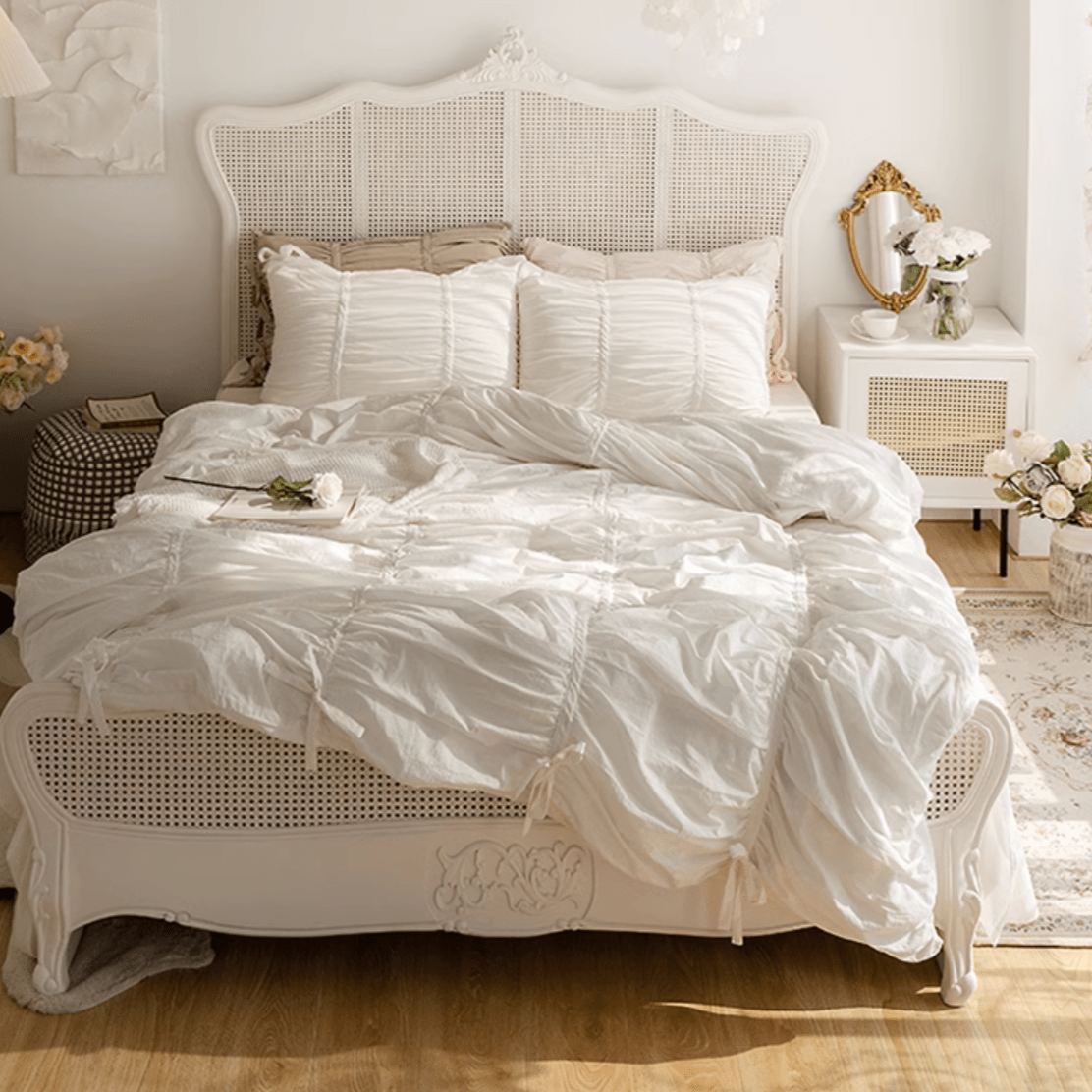Larkspur Ruched Washed Cotton Bedding Set - Cloud White