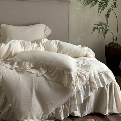 Odile Ruffled Lace Double-Gauze Bedding Set - Pearl White