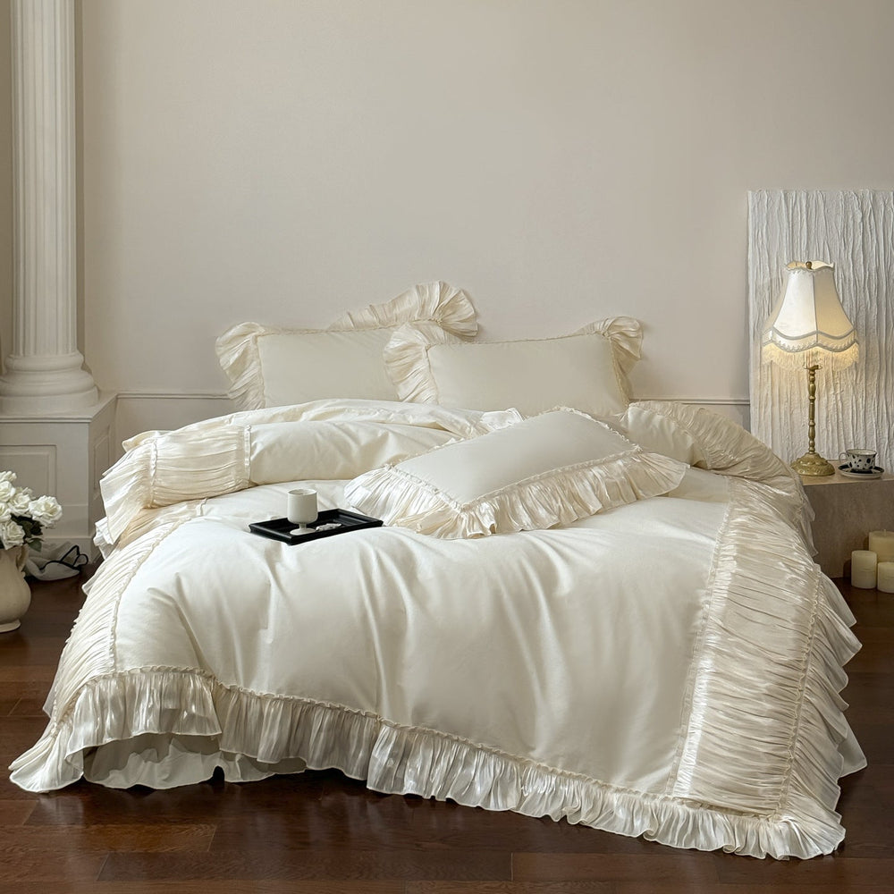 Genevieve Ruffled Lace Cotton Bedding Set - Ivory Cream