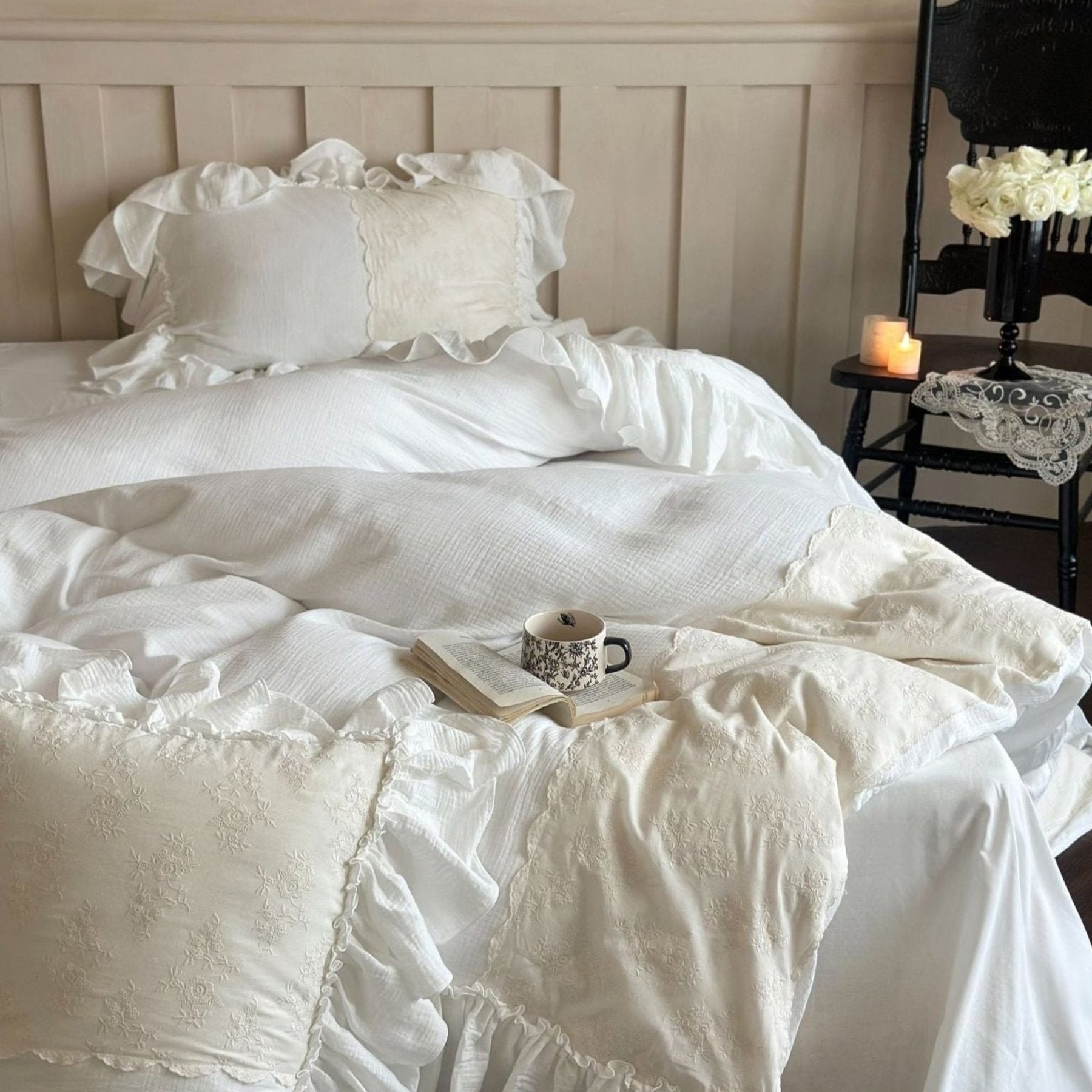 Wisteria Ruffled Double Gauze Bedding Set - Ivory White