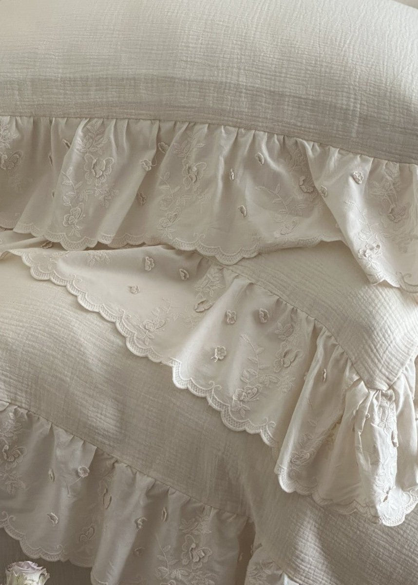 Odile Ruffled Lace Double-Gauze Bedding Set - Pearl White