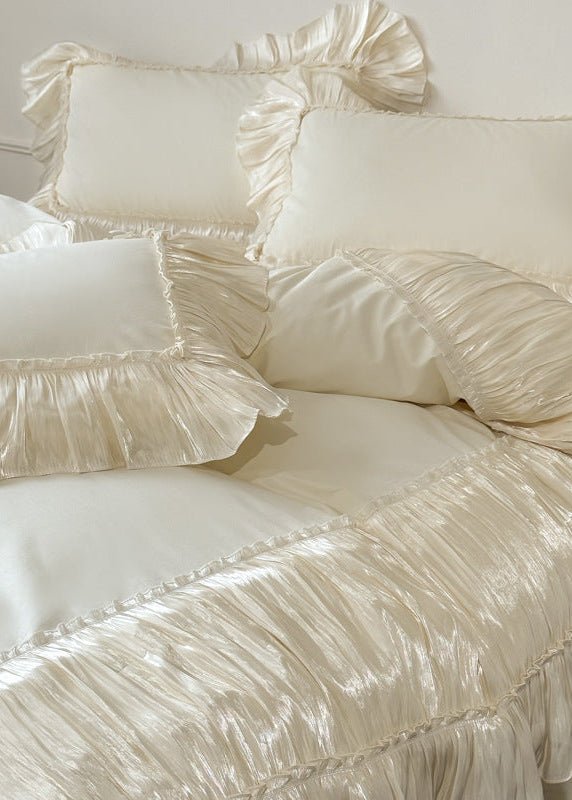 Genevieve Ruffled Lace Cotton Bedding Set - Ivory Cream