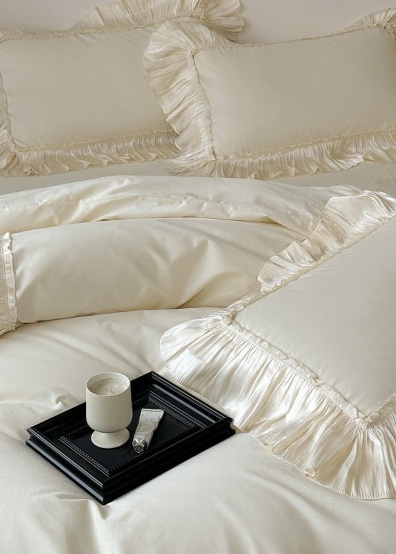Genevieve Ruffled Lace Cotton Bedding Set - Ivory Cream