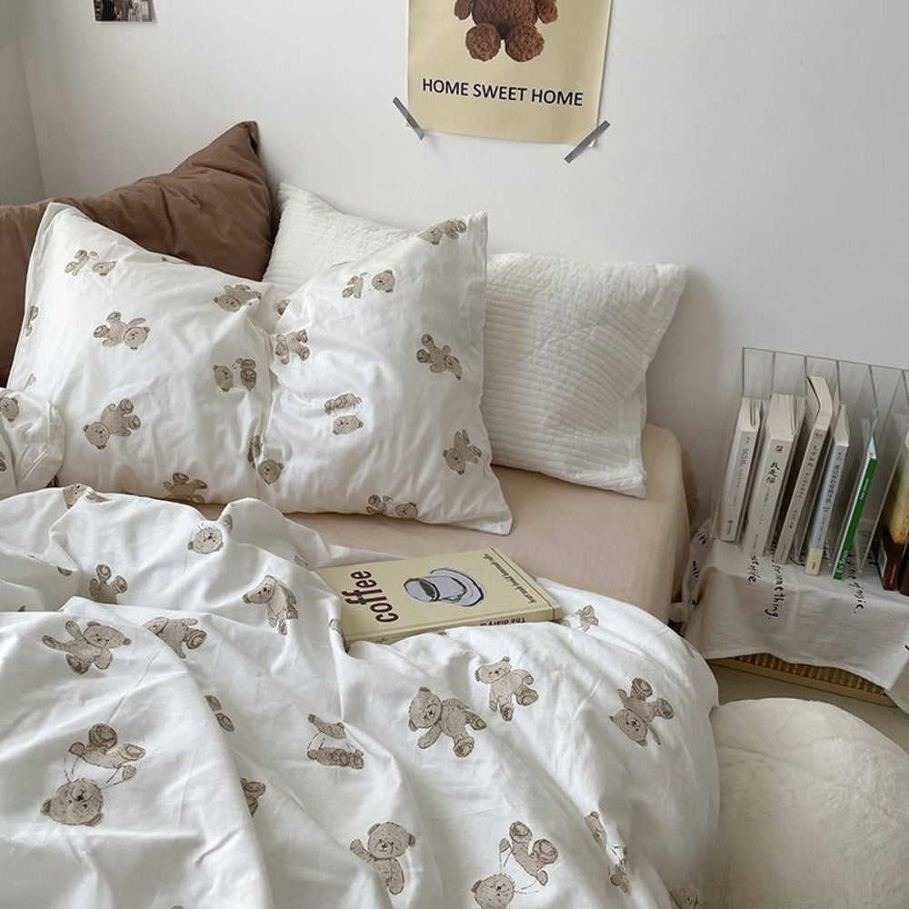 Tansley Cream Bear Print Washed Cotton Bedding Set - Toffee Cream