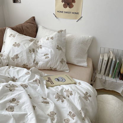 Tansley Cream Bear Print Washed Cotton Bedding Set - Toffee Cream