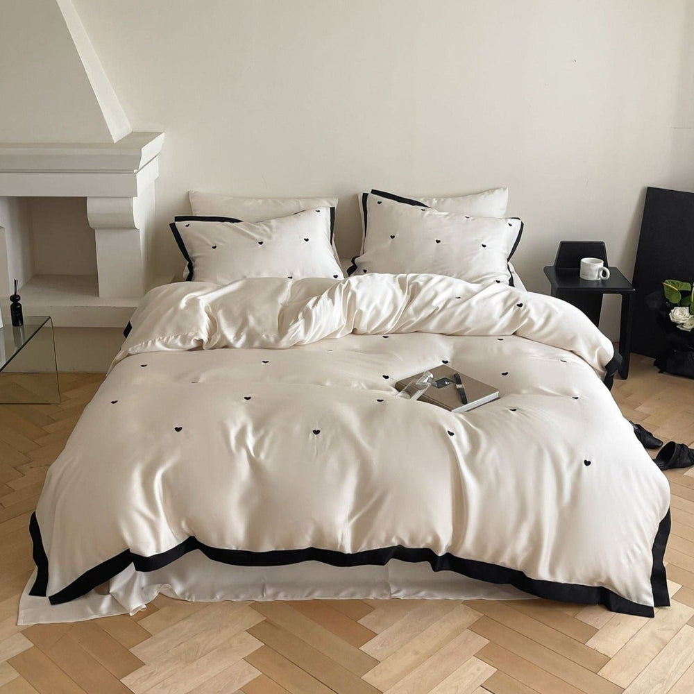 Sabine Heart-Embroidered Cooling Tencel Bedding Set - Ivory Heart