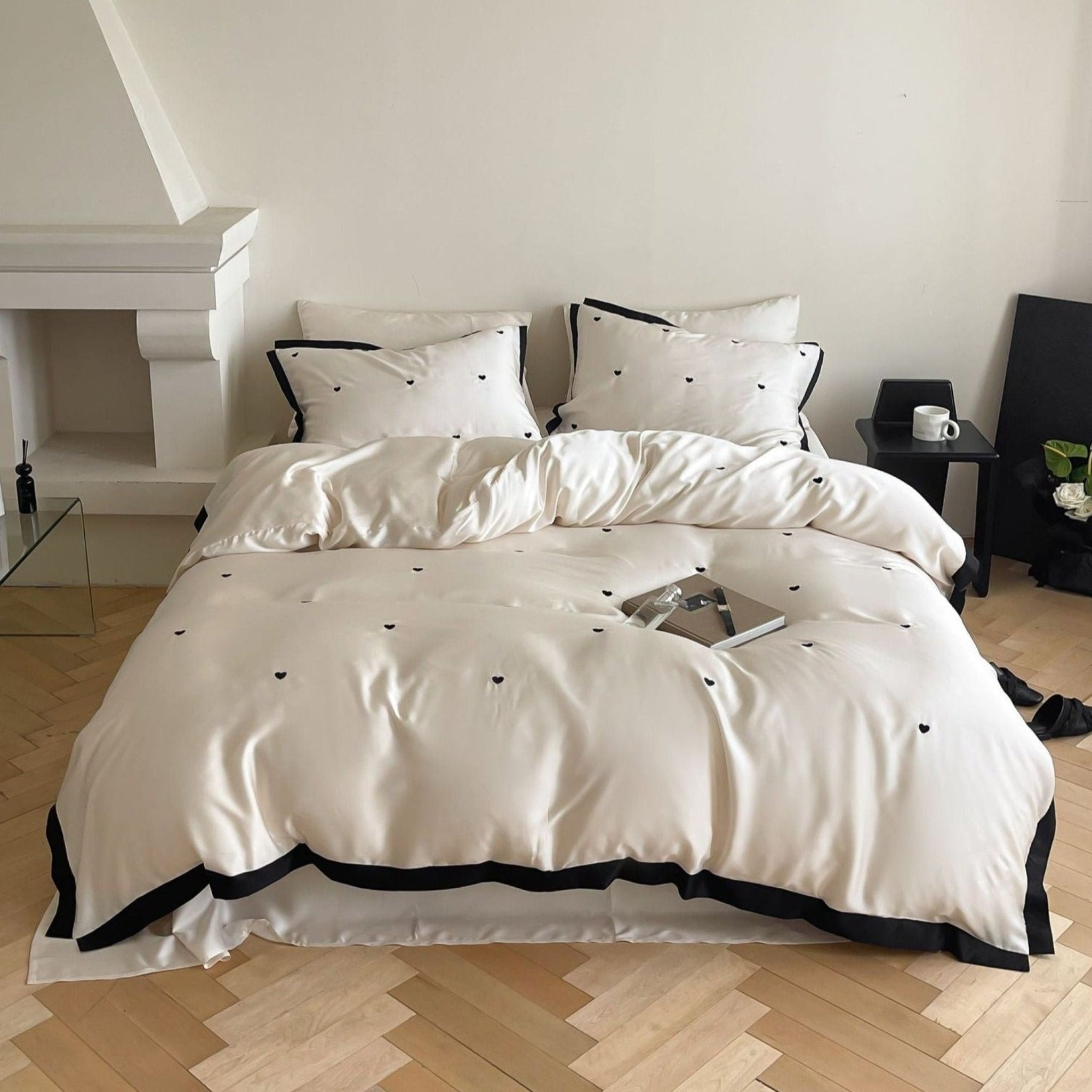 Sabine Heart-Embroidered Cooling Tencel Bedding Set - Ivory Heart