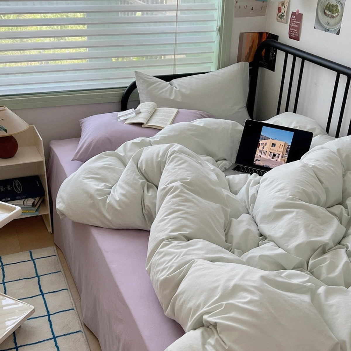 Lilac and Cream Washed Cotton Bedding Set, Petal Lilac, bedroom view 2 - Roomden