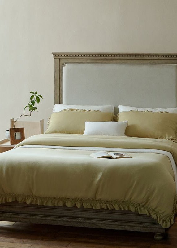 Ruffle Lyocell Bedding Set, Mustard, bed arrangement - Roomden