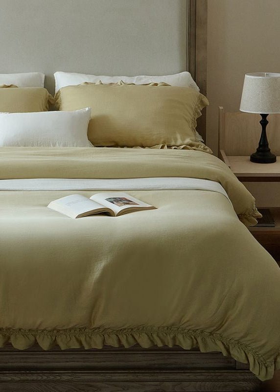 Ruffle Lyocell Bedding Set, Mustard, bed arrangement - Roomden