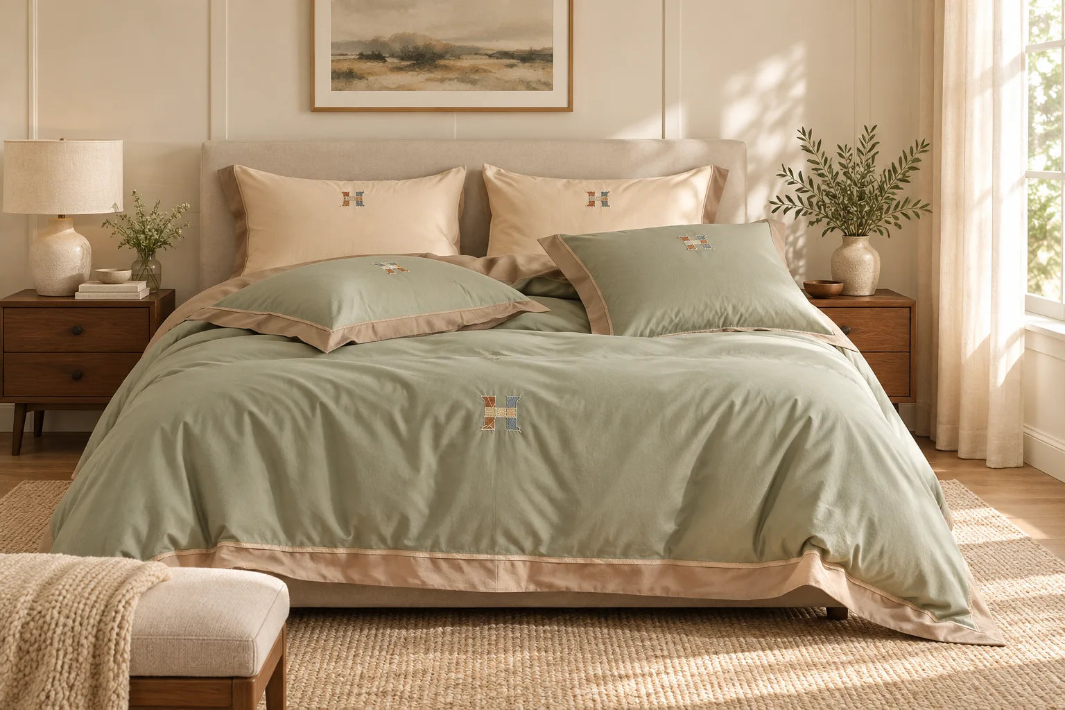 Sage green bedding with tan borders in a softly lit bedroom